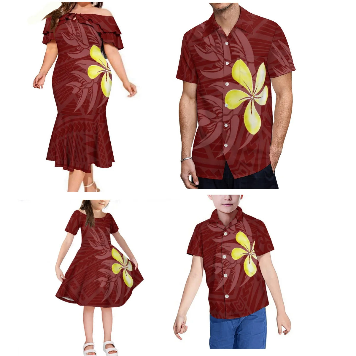 

Hawaiian Hibiscus Flower Theme Casual Loose Men'S Shirt Temperament Women'S Dress Polynesian Tribal Family Suit Customization