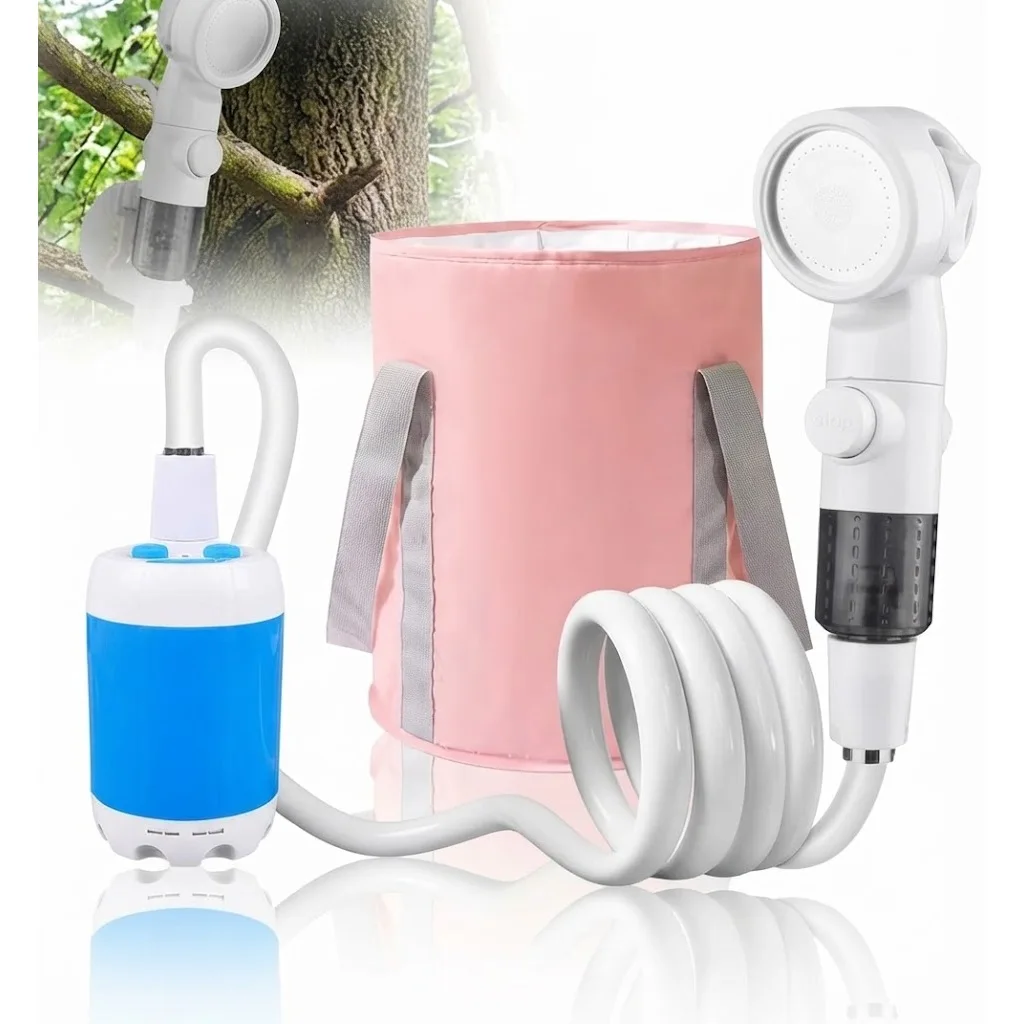 2Pcs Portable Electric Camping Shower Set, Self‑priming Shower Pump+Portable Bucket, 78.74" Hose, Powerful Long‑Lasting Outdoor Shower, Waterproof Shower Sprayer for Camping, Pet Bath, Car Washing, Garden Watering RV Travel Gear