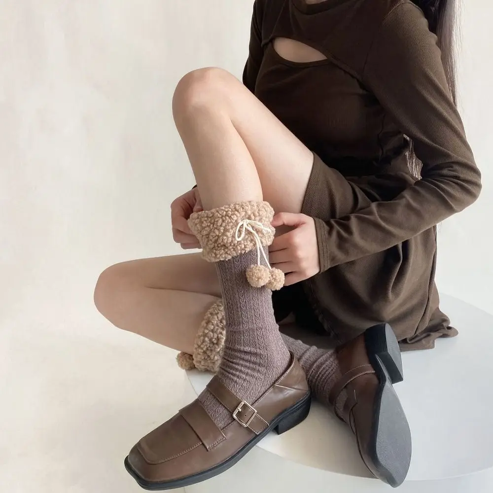 

Trendy Female Hosiery Bow Socks Lolita JK Middle Tube Socks Lace Solid Color Winter Calf Socks Student