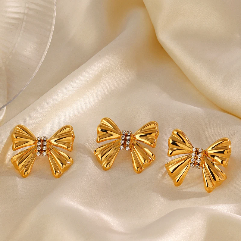 PRISCA | Fashion Bowknot Earrings for Women.Lovely Diamond Cute Jewelry Set. 18k Gold. Classic Stud. New Stylish 2024