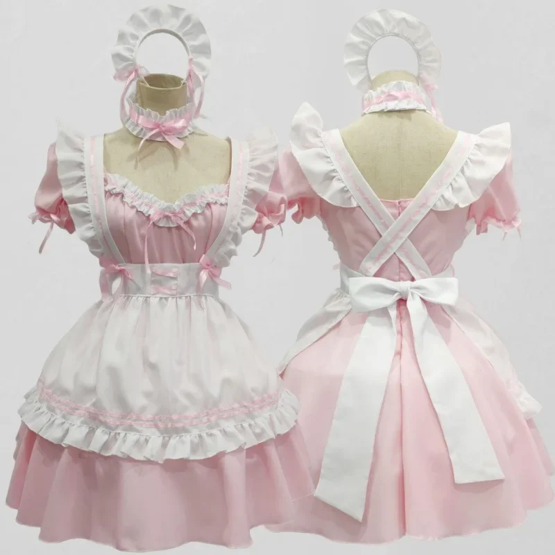 Japanese Style Women's Pink Maid Costume Cute Lolita Maid Costumes Girls Role Playing Dresswith Apron Outfit