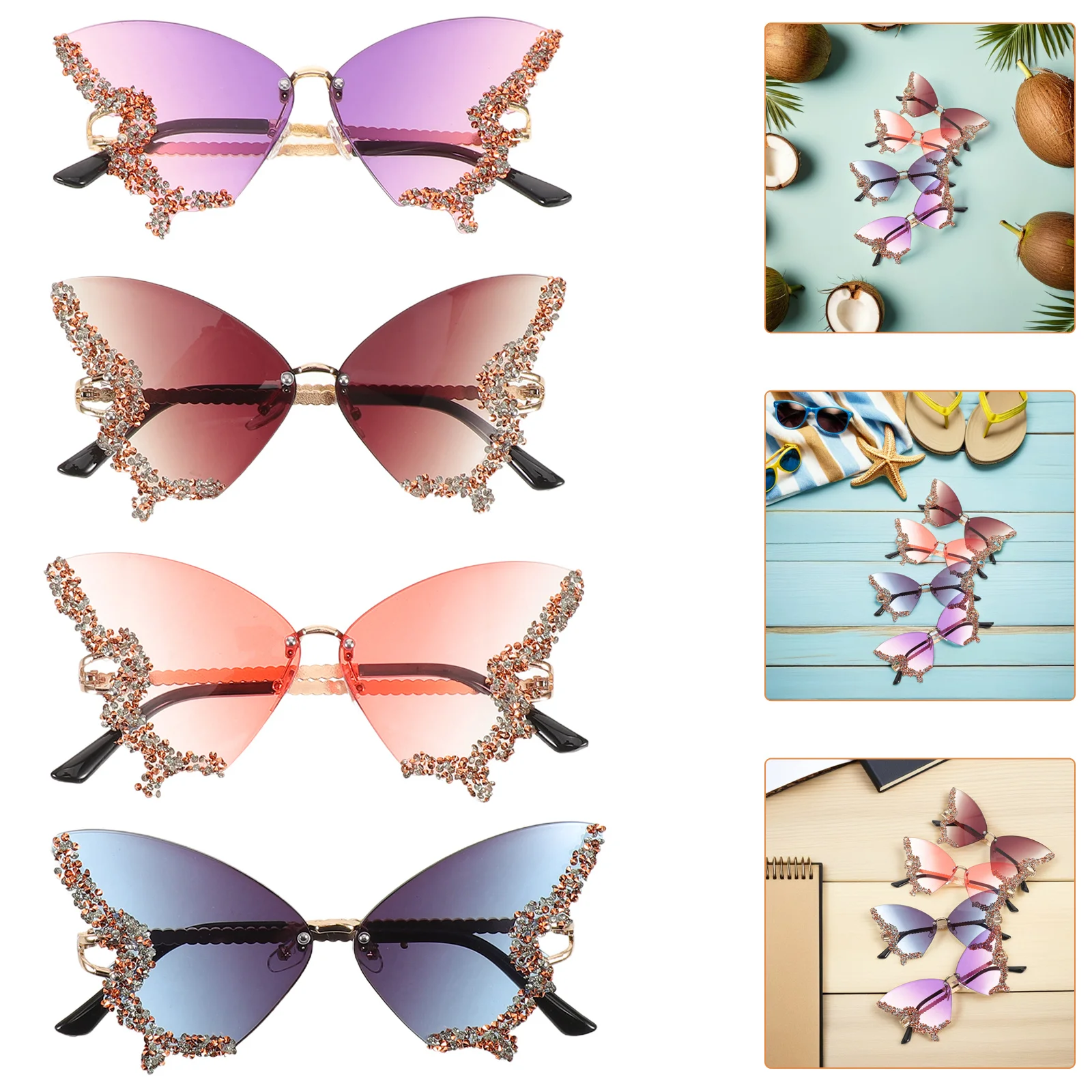 

4pcs Women Retro Rimless Butterfly Rhinestone Sunglasses Uv Protection Lightweight Sparkling Vintage Style Beach Party Outdoor