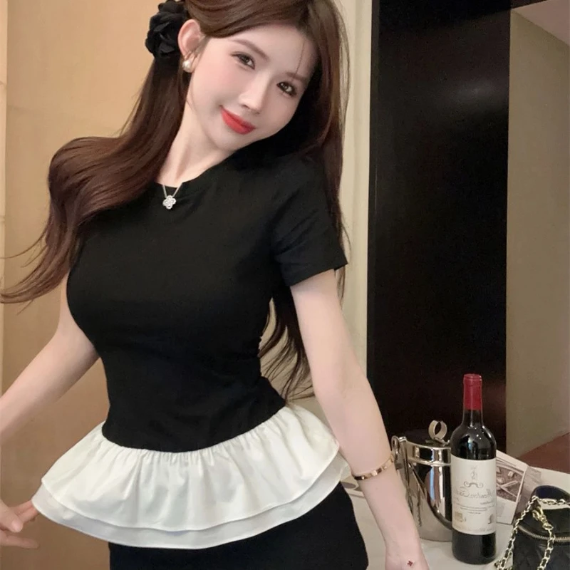 

Ruffles Fake Two Piece Short Sleeve Korean Tops Summer Slim Solid Cute Sweet T Shirts Fashion Temperament Trend Women Clothing