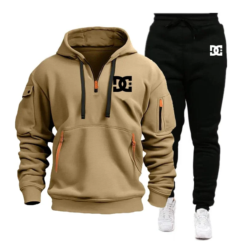 Set pakaian olahraga pria musim gugur dan musim dingin terbaru, setelan 2 potong jaket hoodie dan celana pria anti angin untuk aktivitas luar ruangan yang modis