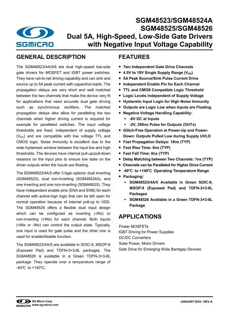 10Pcs/Lot SGM48523XTDB8G/TR TDFN-8,Dual 5A,High-Speed,Low-Side Gate Drivers with Negative Input Voltage Capability,electronics