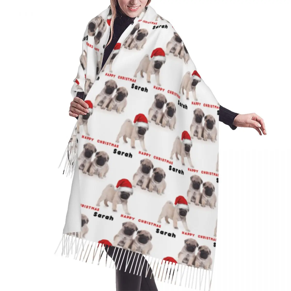 Pug Dog Christmas Scarf Wrap for Women Long Winter Fall Warm Tassel Shawl Unisex Holiday Pets Gifts Fashion Versatile Scarves