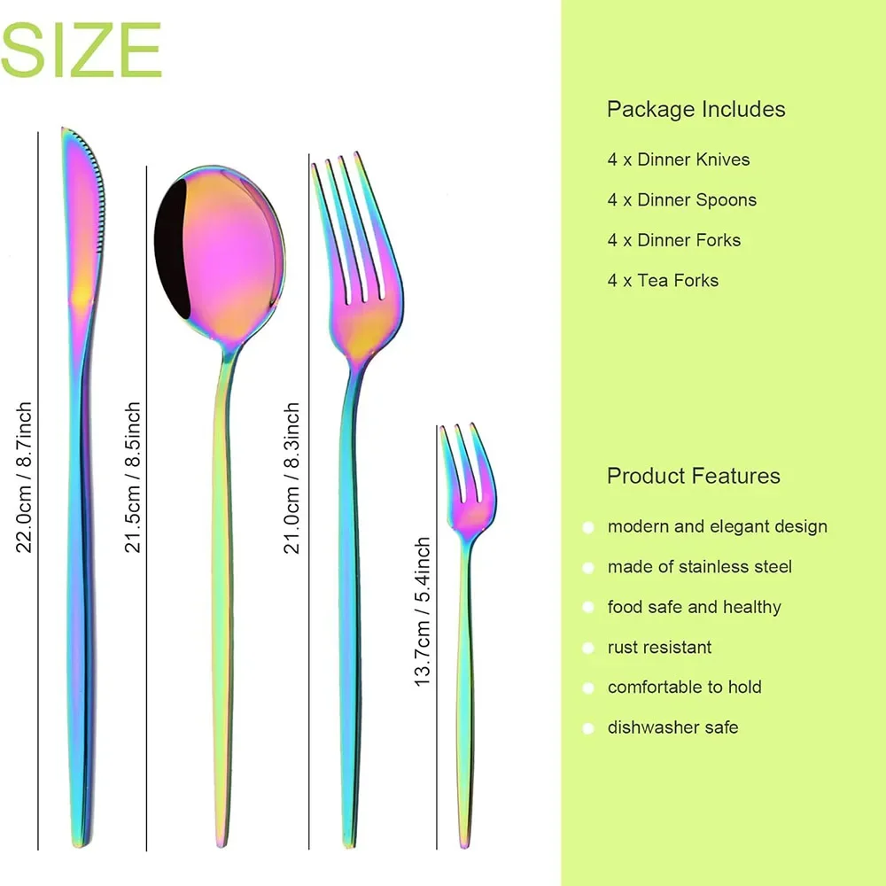 16Pcs Rainbow Dinnerware Stainless Steel Cutlery Set Knife Cake Fork Spoon Dinner Flatware Set Kitchen Silverware Tableware