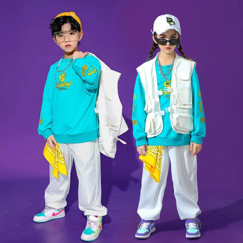 Kids Jazz Dance Costume Hip Hop Sweatshirt White Vest Pants Clothes Boys Top Street Wear Teenage Children Stage Outfits