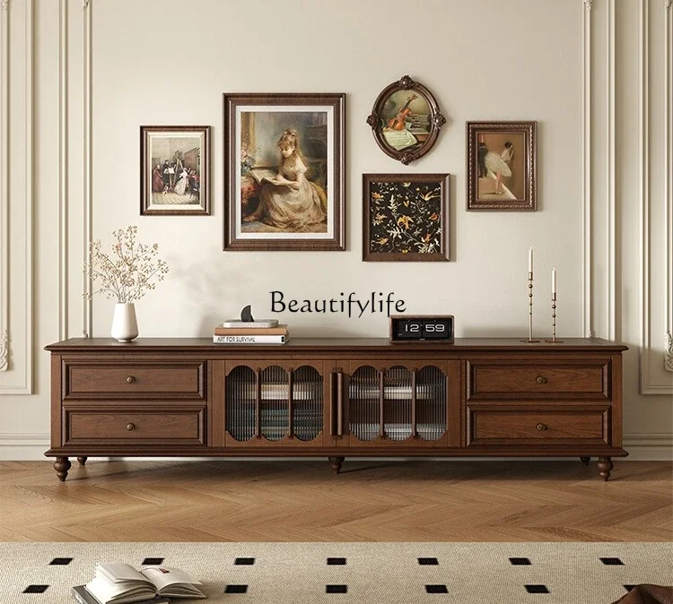 

LAmerican solid wood TV cabinet storage storage integrated walnut TV high cabinet