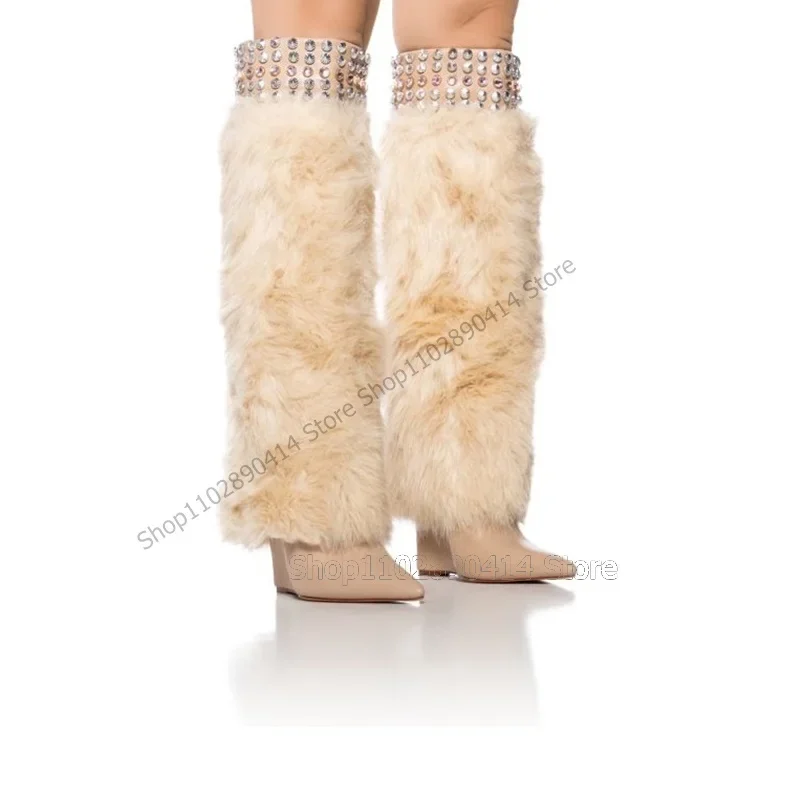 Botas con punta estrecha y decoración de cristal de piel Beige Para Mujer, Zapatos sin cordones a media pantorrilla, Tacón de Cuña, moda novedosa Para fiesta, 2023