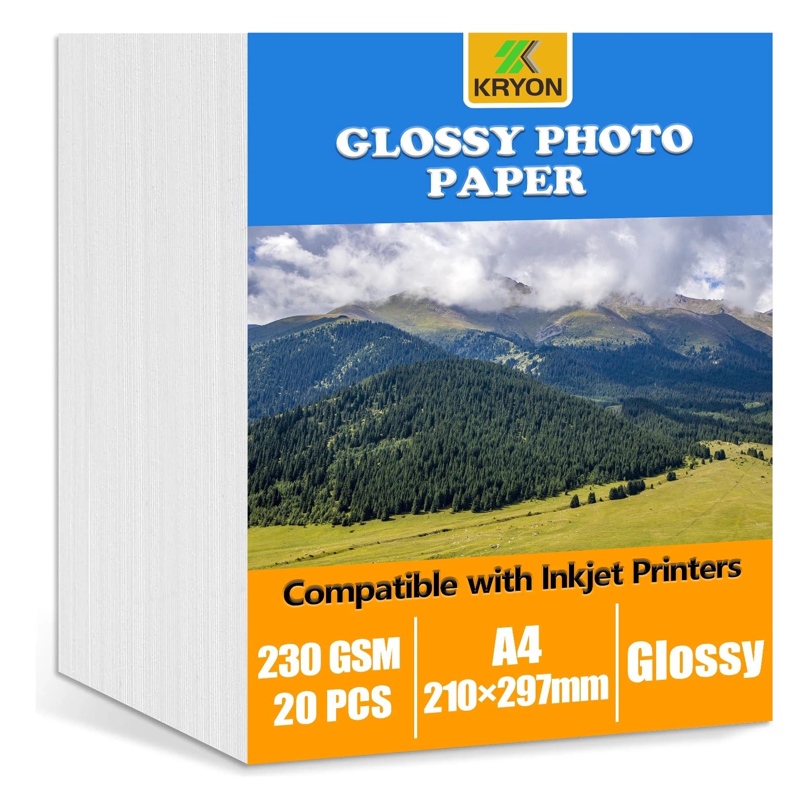กระดาษภาพถ่ายเคลือบเงา KRYON ขนาด 8.3x11.7 นิ้ว 230 แกรม 20 แผ่น พิมพ์ด้านเดียว สำหรับเครื่องพิมพ์อิงค์เจ็ท แห้งเร็ว สีสดใส แพ็คสุดคุ้ม