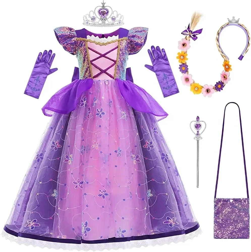 

Girls Rapunzel Puffy Princess Dress+Bag For Kids Halloween Tangled Costume Purple Sequins Flower Big Bow Carnival Birthday Gown