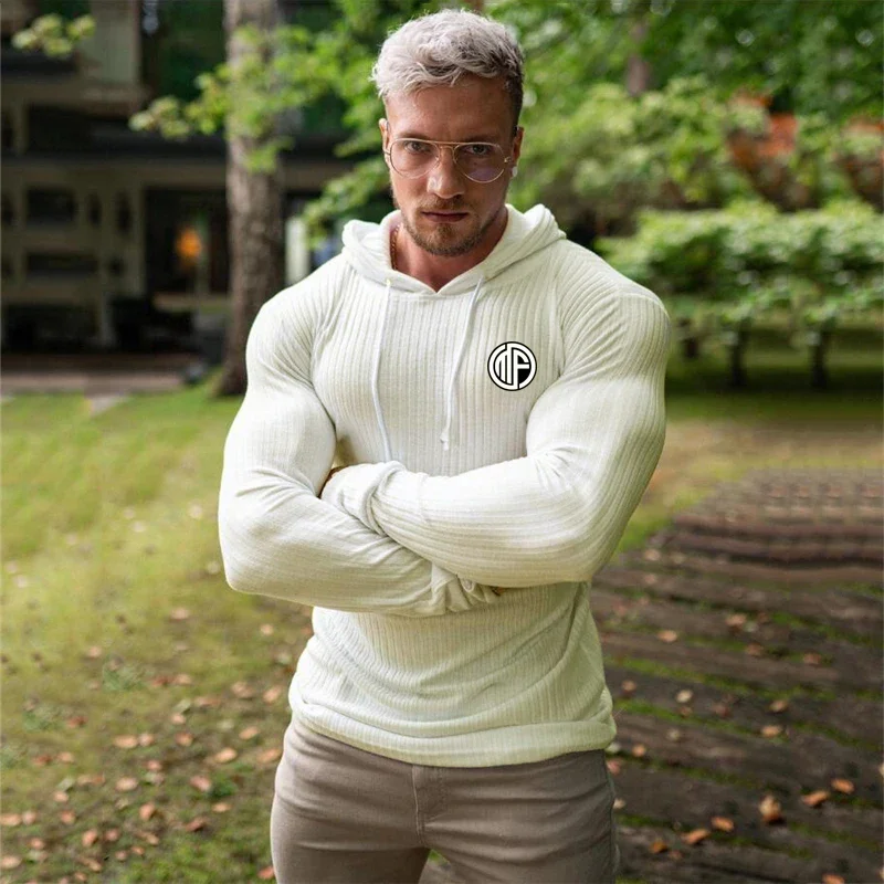 Spring Fashion Knitted Hooded T-shirt Men Thin Stripe Slim Fit Long Sleeve Sweaters Mens Pullovers Knittwear Men Casual T shirt