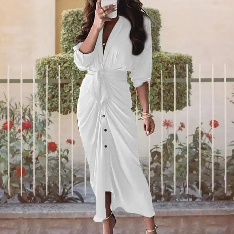 Ele Vita alta V-Ne Long Sve Stampato Pieghettato da donna Dr Sexy Seven-Quarter Sve Piegato Cross-Border Faion