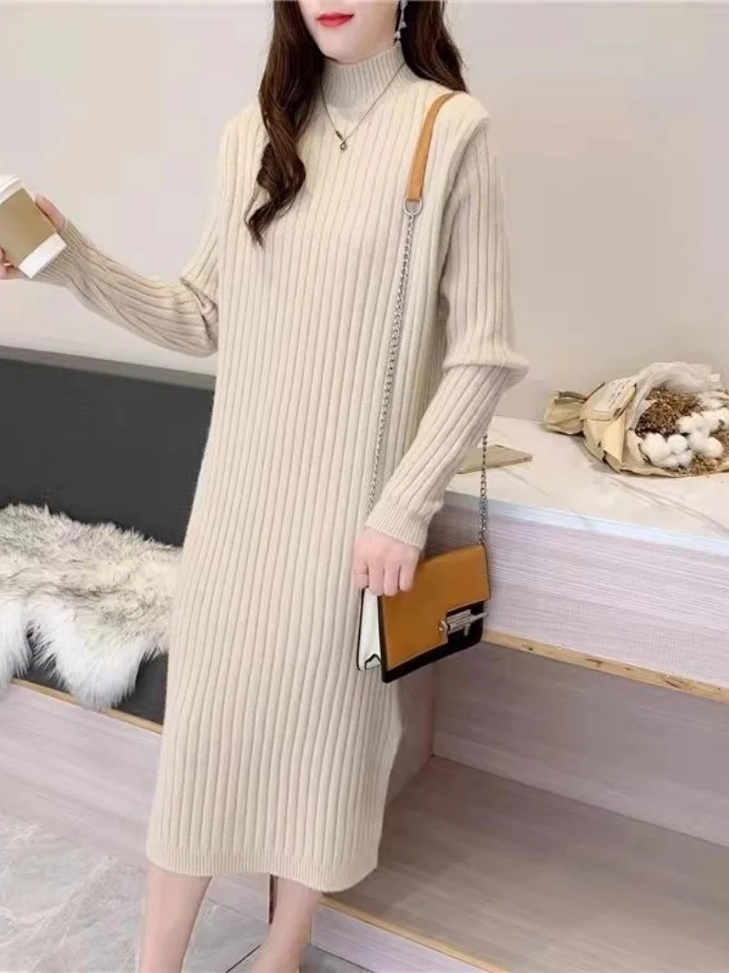 Jesienno-zimowa nowa sukienka z grubego dzianiny dla kobiet Luźna średnia do długa sukienka z półwysokim kołnierzem W311