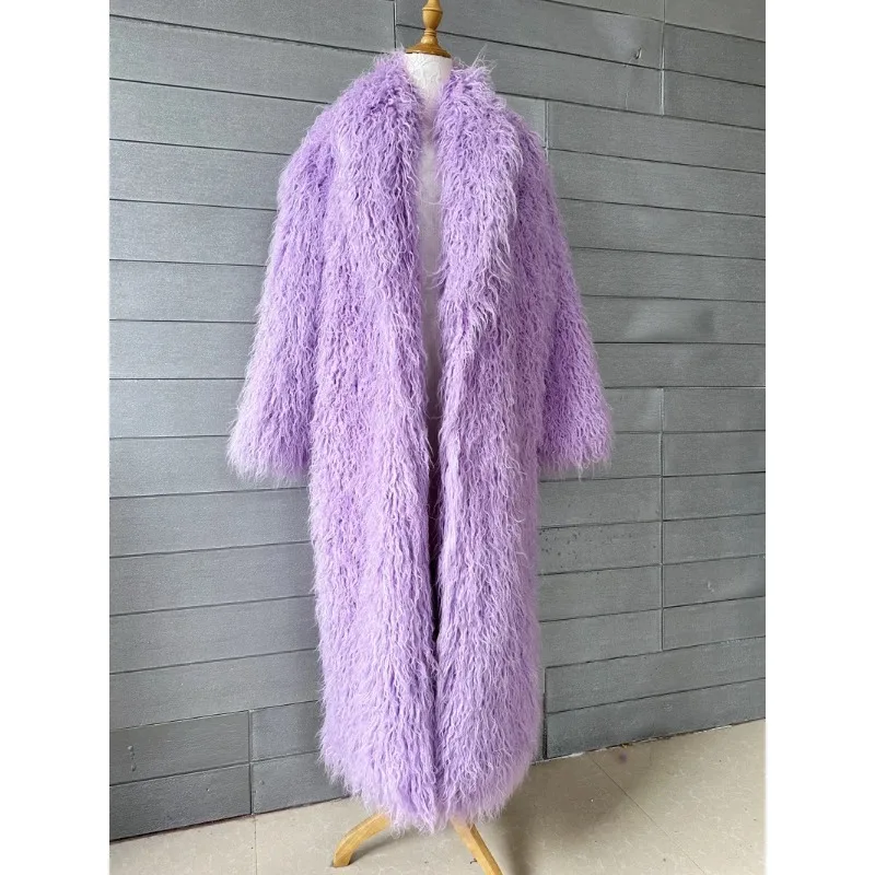 Fashion Super Long Faux Sheep Fur Trench Coat for Women Solid Lapel Fluffy Faux Fur Jackets Women 2024 Winter Clothes Outwear