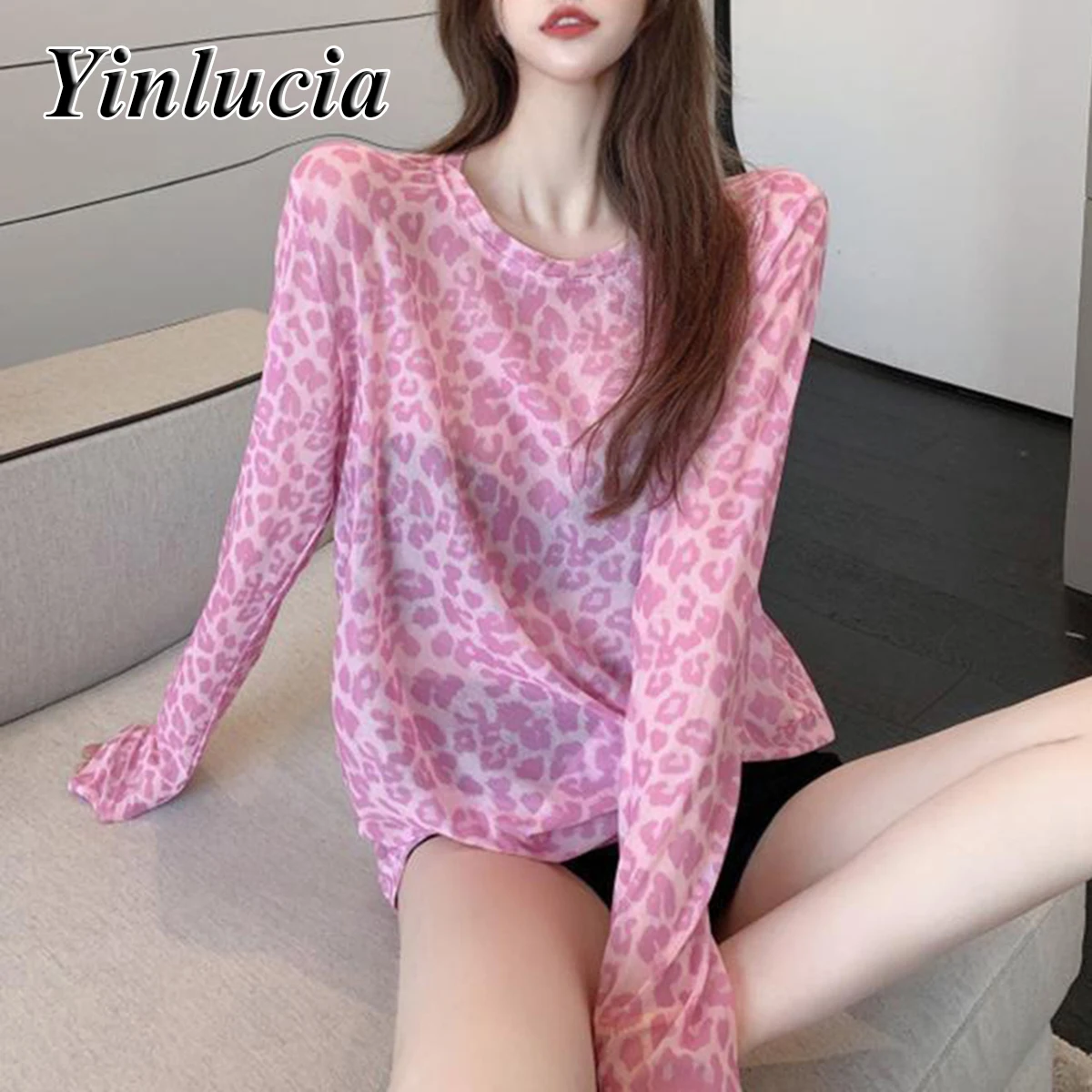 بلايز النساء البلوزات مثير شبكة قميص فضفاض الوردي ليوبارد طباعة المحملة تصميم بلوزة شفافة أنيقة طويلة الأكمام Y2K الشارع ارتداء #1