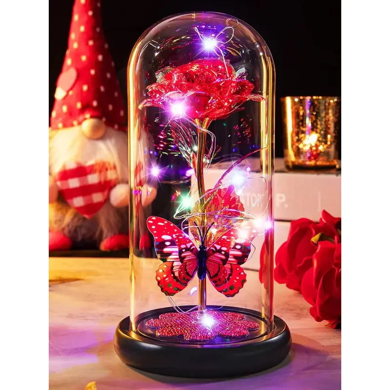 Mothers Day Rose Gifts for Mom, Galaxy Glass Rose Forever Eternal Crystal Flower Light Up Rose in Glass Dome with Butterfly Moth