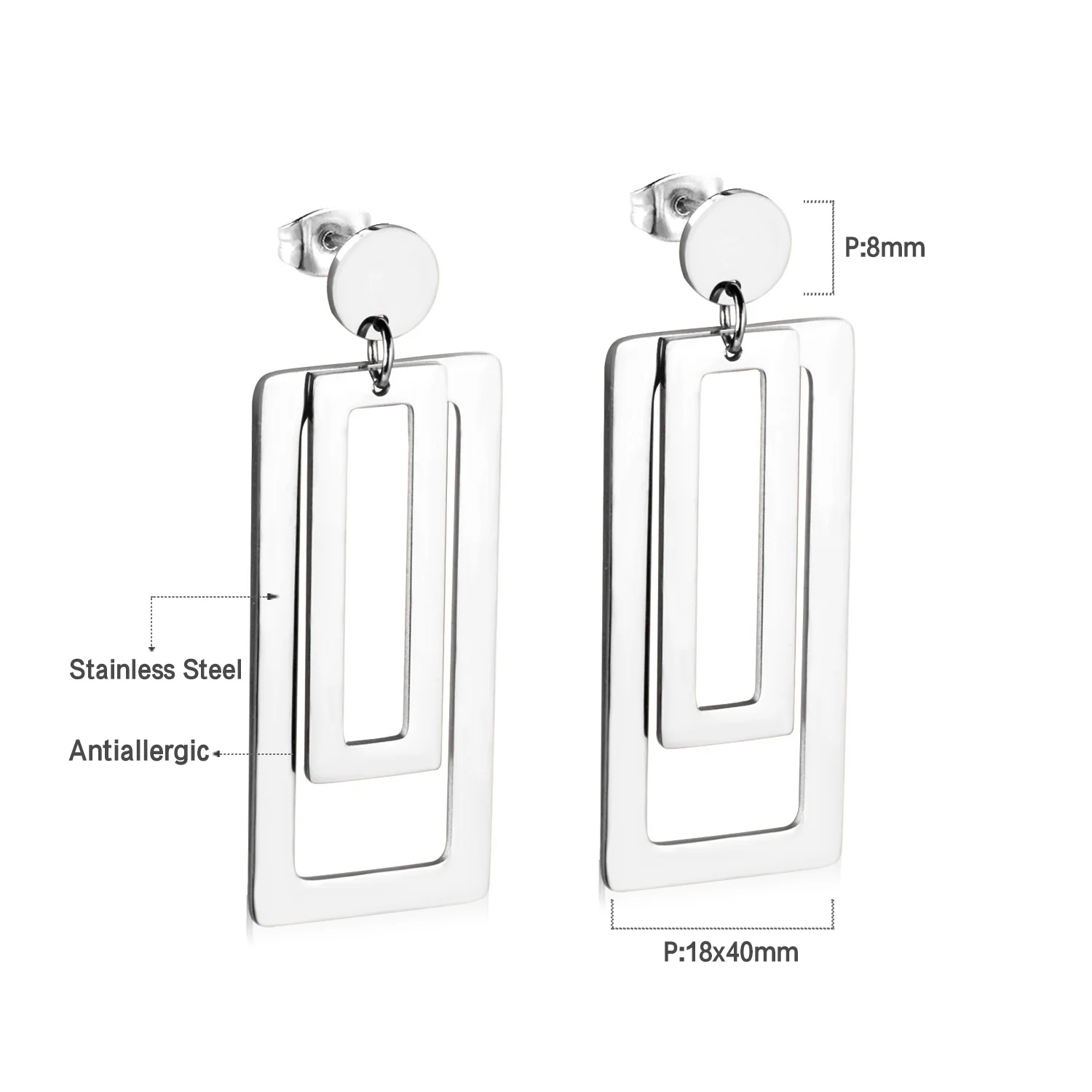 LUXUSTEEL Big Double Rectangle Long Drop Earrings For Women Stainless Steel Studs Earring Punk Female Party Statement Jewelry