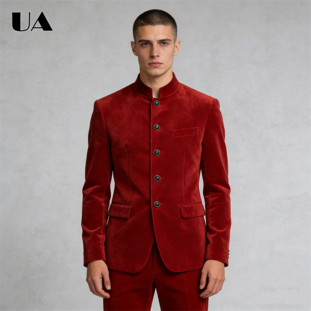 

Stand Collar Velvet Suit Set, Two Pieces Africa Style Men's Suit Attire Wedding Party Dresswear XXS-7XL Tailored Tuxedo