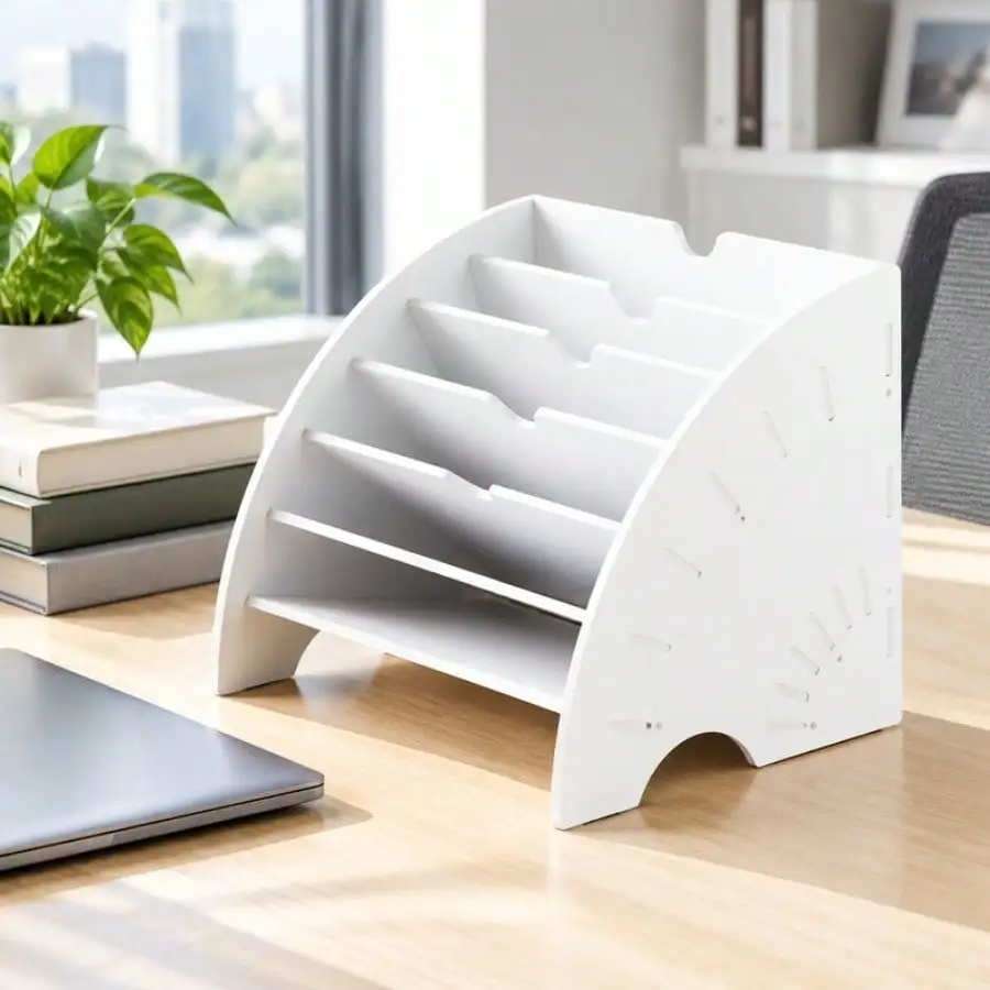 White Desktop File Organizer, Minimalist Office Paper Tray Holder, Multi-Slot Desk Document Sorter For Clean Workspace Storage