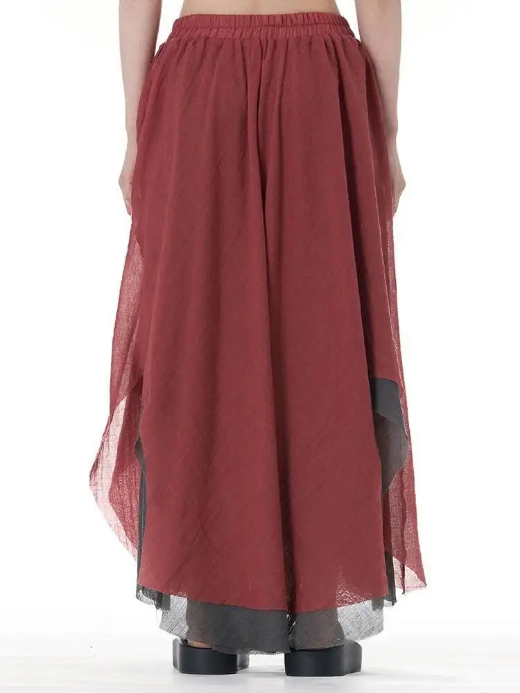 High Elastic Waist Red Gray Double Layers Mesh Irregular Half-body Skirt Women Fashion New Spring Autumn