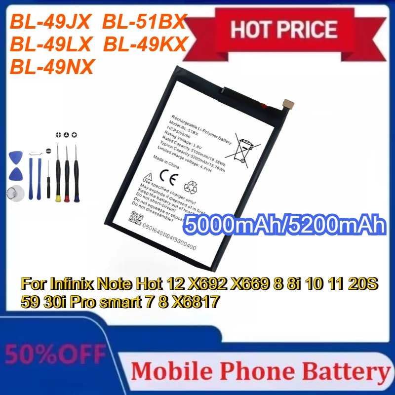 

New BL-49JX BL-51BX BL-49LX BL-49KX BL-49NX Battery for Infinix Note Hot 12 X692 X669 8 8i 10 11 20S 59 30i Pro Smart 7 8 X6817