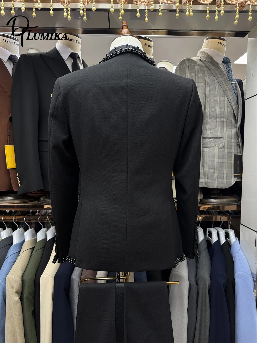 Dtlumika conjunto de terno de duas peças masculino de alta qualidade duplo breasted strass ternos do noivo formal baile de formatura roupa de festa jaqueta e calças