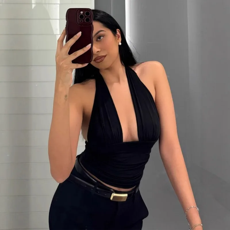 

2025 European and American Ins Style Versatile Solid Color Neck V Neck Backless Slim Sling Vest Women's Spring Summer Wholesale