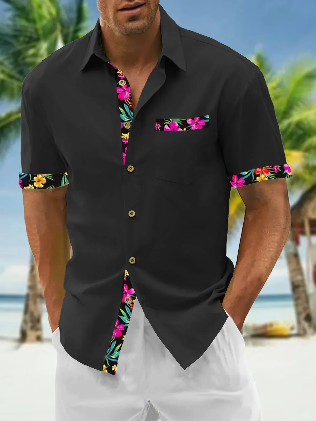 2024 New men\'s solid color patchwork pocket flip collar short sleeved shirt fashion summer casual tiki series Hawaiian shirt