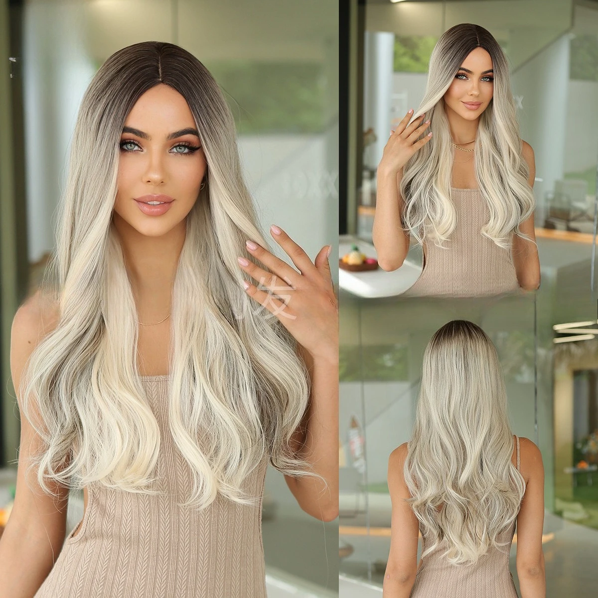 

European and American style dyeing medium wig long curly hair fashionable and realistic chemical fiber wig headgear light gold w