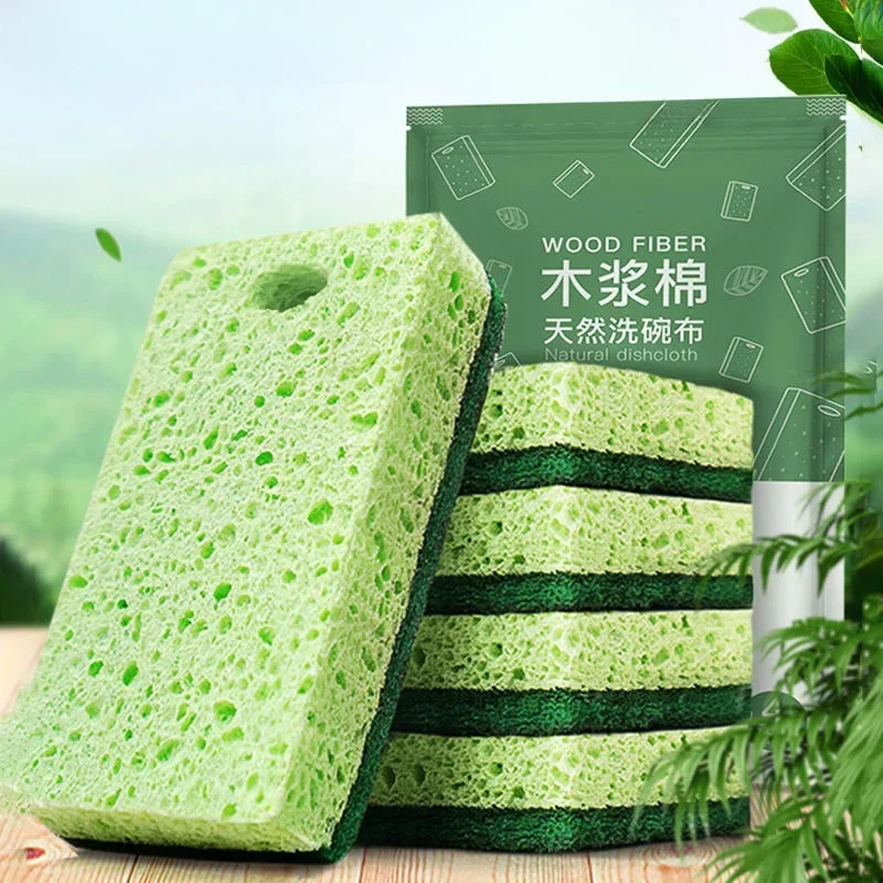 

2/5pc Wood Pulp Dishwashing Sponge Double-Side Pot Dish Cleaning Sponge Absorbing Scouring Pad Household Cleaning Tools