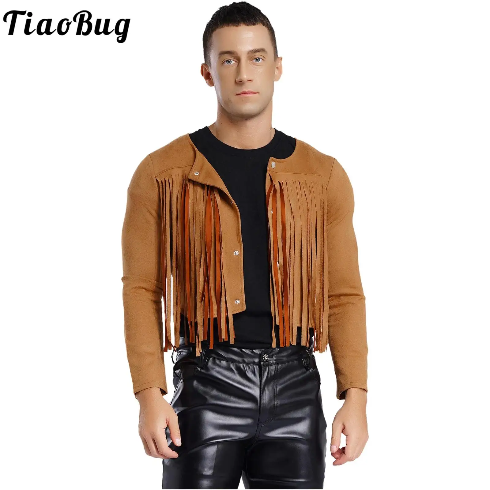 

Men's Vintage Brown Tassel Coat for Western Cowboy Cosplay Jackets Long Sleeve Cardigan Hippie Style Waistcoat Halloween Cosplay
