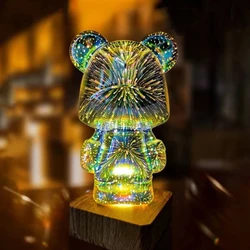 Fogos de artifício luz da noite 3d urso de vidro conduziu a lâmpada decoração do quarto atmosfera luzes coloridas para barra café quarto usb base madeira iluminação