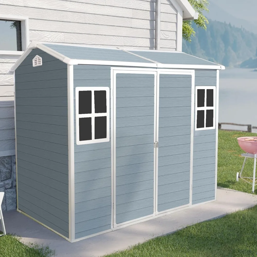 8x4 ft Outdoor Resin Storage Shed with Floor, Waterproof Plastic Garden Shed with Lockable Door and Two Windows, All-Weather