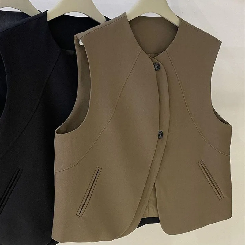 Autumn Ladies Fashion Cardigan Sleeveless Outwear Women Round Neck Casual Vest Coat Korean Female Solid Color Waistcoat Jacket