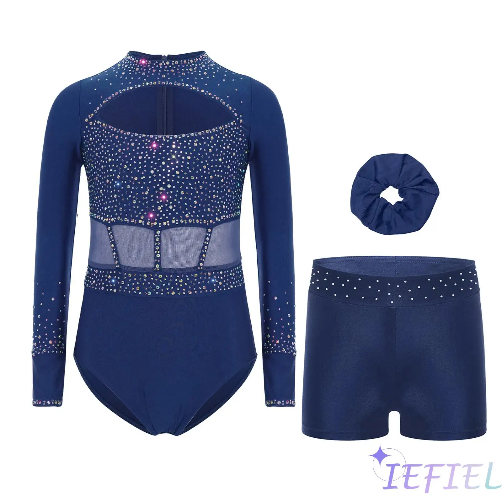 

3Pcs/Set Kids Girls Gymnastics Ballet Dance Costume Crew Neck Long Sleeve Cutout Front Shiny Rhinestones Leotard+Shorts+Headwear