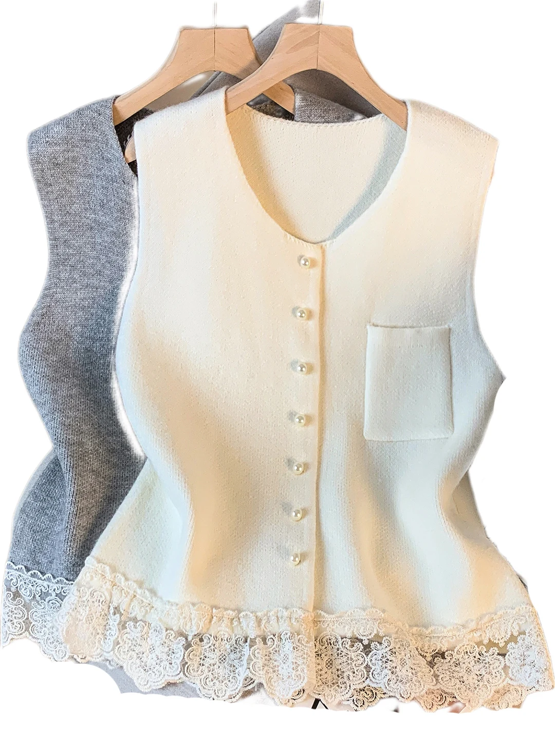 Women's Knitted Lace Patchwork Vest Top Autumn Winter High-End Sensation Layering Pearl Button oulder Pad Vest Faionable ...