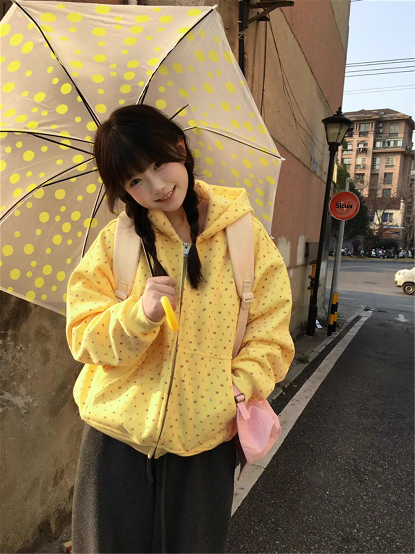 

American Retro Floral Print Hooded Open Cardigan Sweatshirt Women's Loose Lazy Style Yellow Zipper Jacket Top Spring Season