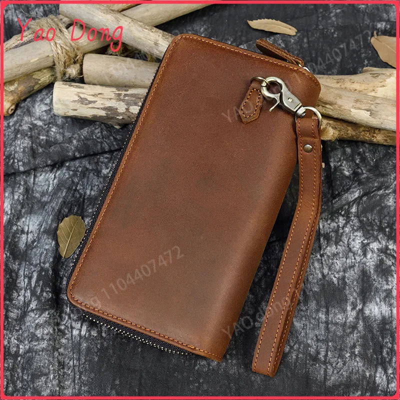 Yao Dong New Fashion Double Layer Leather Long Purse Vintage Cowskin Zipper Wallet With Wristband Men Women Retro Fashion Zip Wa