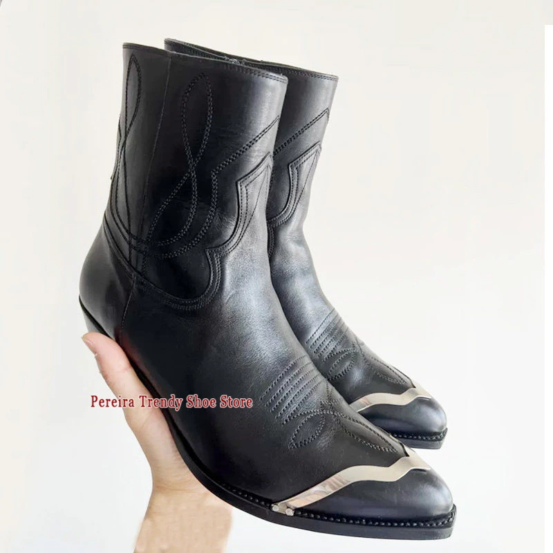 Metal Decor Embroidered Western Boots British Style Cowhide Pointed Toe Zipper Short Boots Spring Summer New Fashion Men Shoes