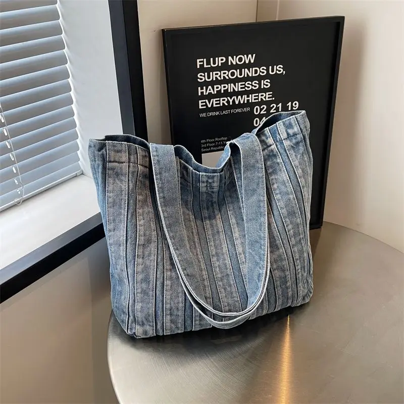 

Large Capacity Denim Shoulder Bags for Women Thick Canvas Tote Bag with Zipper Female Casul Handbag Purse