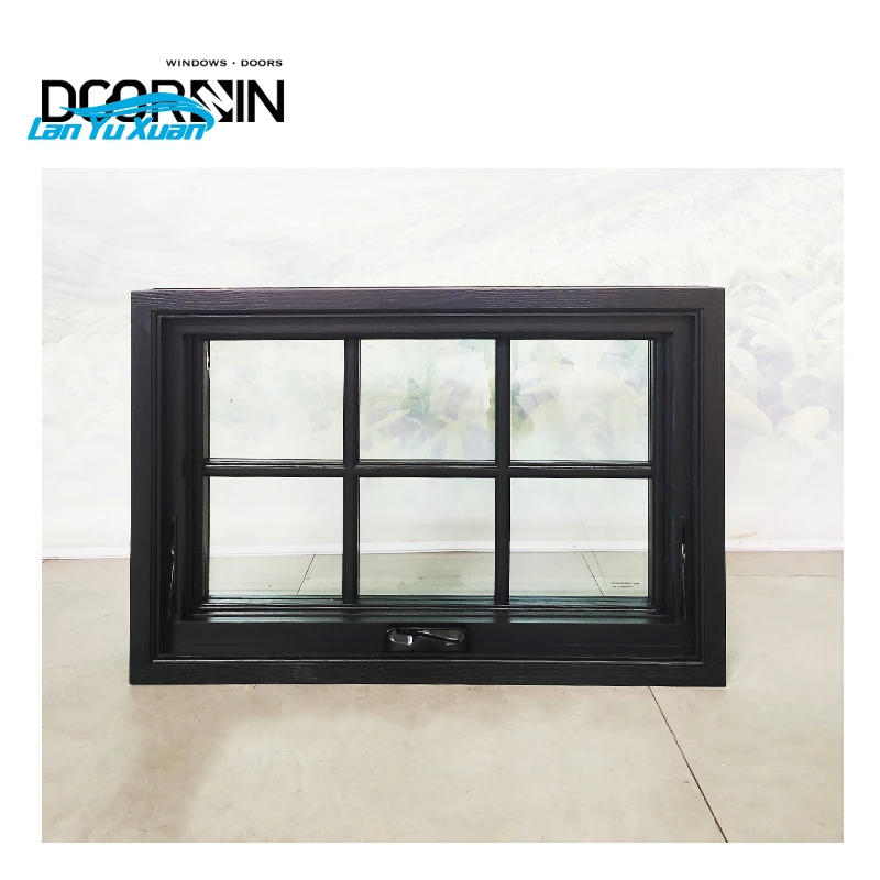 Doorwin Factory European Standard Black Color Grill Wooden Window Design Double Toughened Glass Wood Awning Window