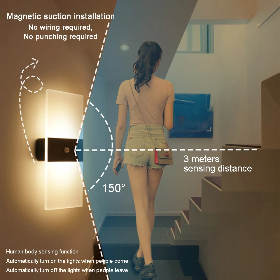 LED Motion Sensing Wall Lamp with Battery, Acrylic Lighting, Touch Switch, Modern Interior Decoration, Living Room and Bedroom