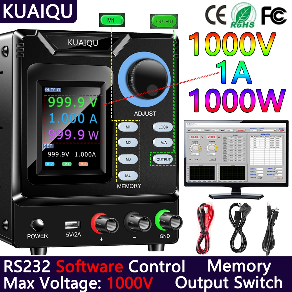 KUAIQU Programmable DC Power Supply Lab 1000V  1A Power Supply Bench Power Source Stabilized Switch Switching Power Stabilizer