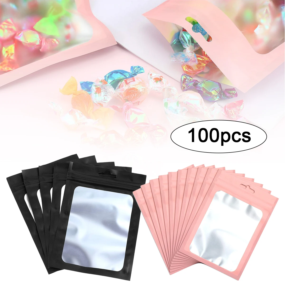

100pcs Black Foil Bags Hang Bag with Clear Window for Jewelry Display Packaging Self Sealing Reusable Foil Pouch