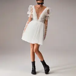 Customized Dot Mini Tulle Wedding Dresses V-Neck A-Line Backless Formal Graduation Gowns Sexy Saudi Arabia Party Dress