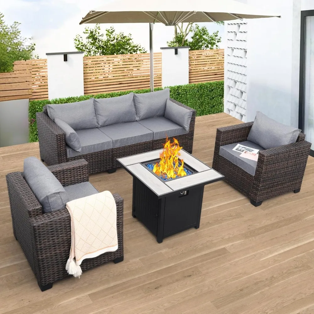 

Fire Pit Table Non-Slip and Washable Gray Cushions, Patio Rattan Furniture Set 4-Piece Outdoor PE Wicker Conversation Couch