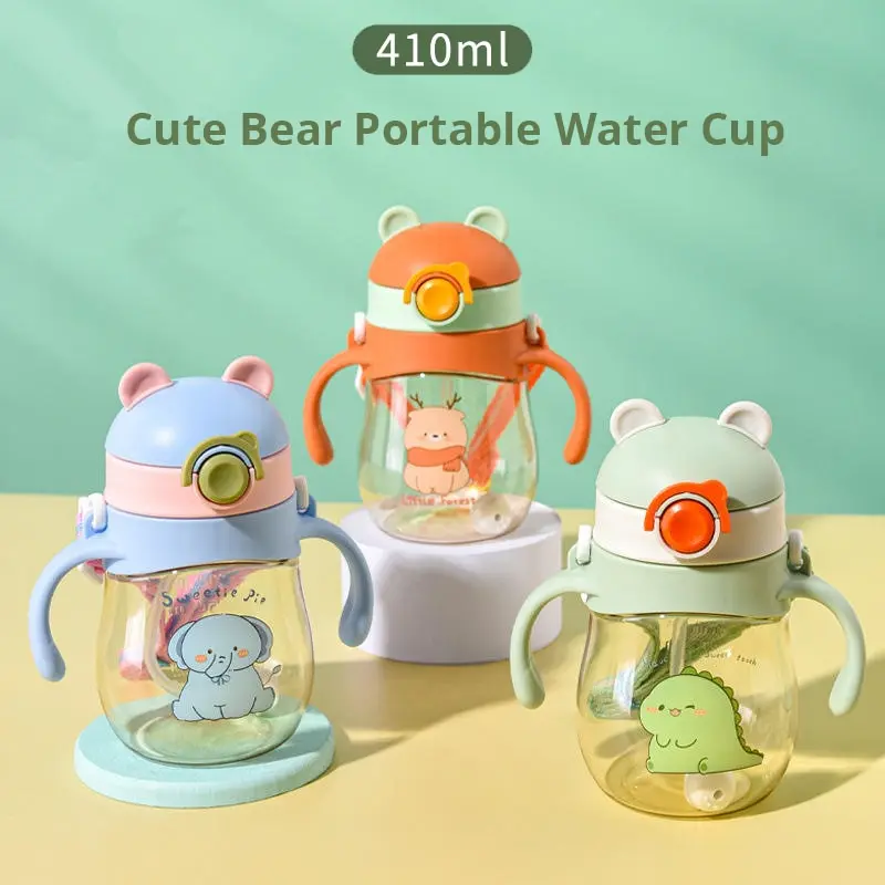 Cute Kids Water Bottles With Straw Children's 410ml Large Capacity Kawaii Cartoon Student School Travel Water Cup