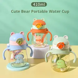 Botellas de agua bonitas para niños con pajita, taza de agua de viaje escolar para estudiantes de dibujos animados Kawaii de gran capacidad de 410ml
